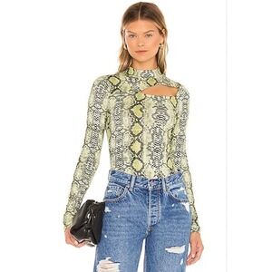 Superdown Snakeskin Print Cutout Mock Neck Top Lime Green Black Womens Size M